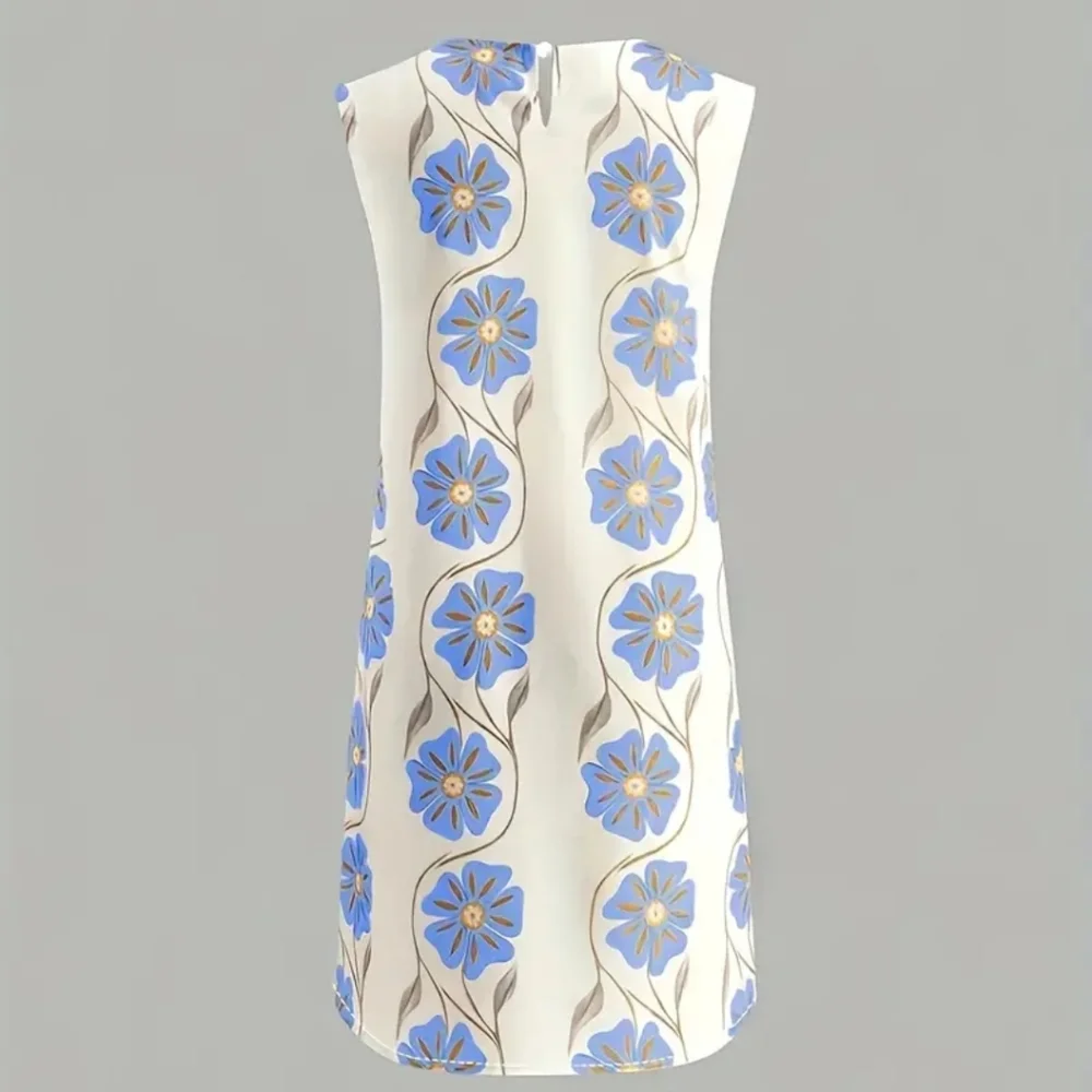 Women's Sleeveless Floral Print Beach Vacation Dress - Round Neck Fitted Summer - Picture 4 of 5